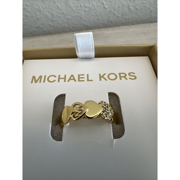 Michael Kors Gold Filled Heart, Crystal & Logo Ring Size 8 New In Box - Picture 5 of 10